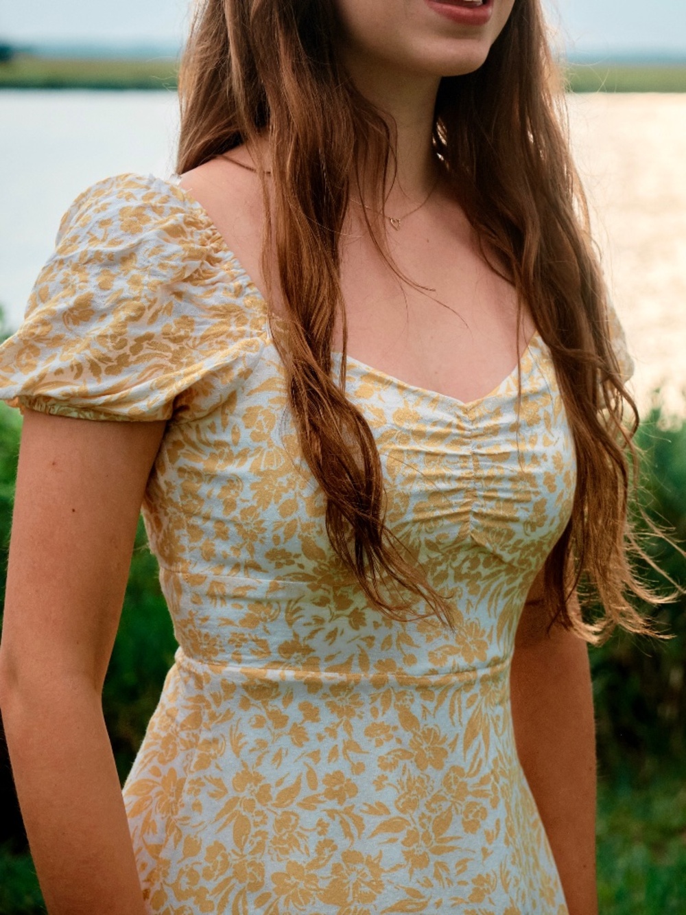 Yellow Floral Sweetheart Fit and Flare Puff sleeve Dress, XS